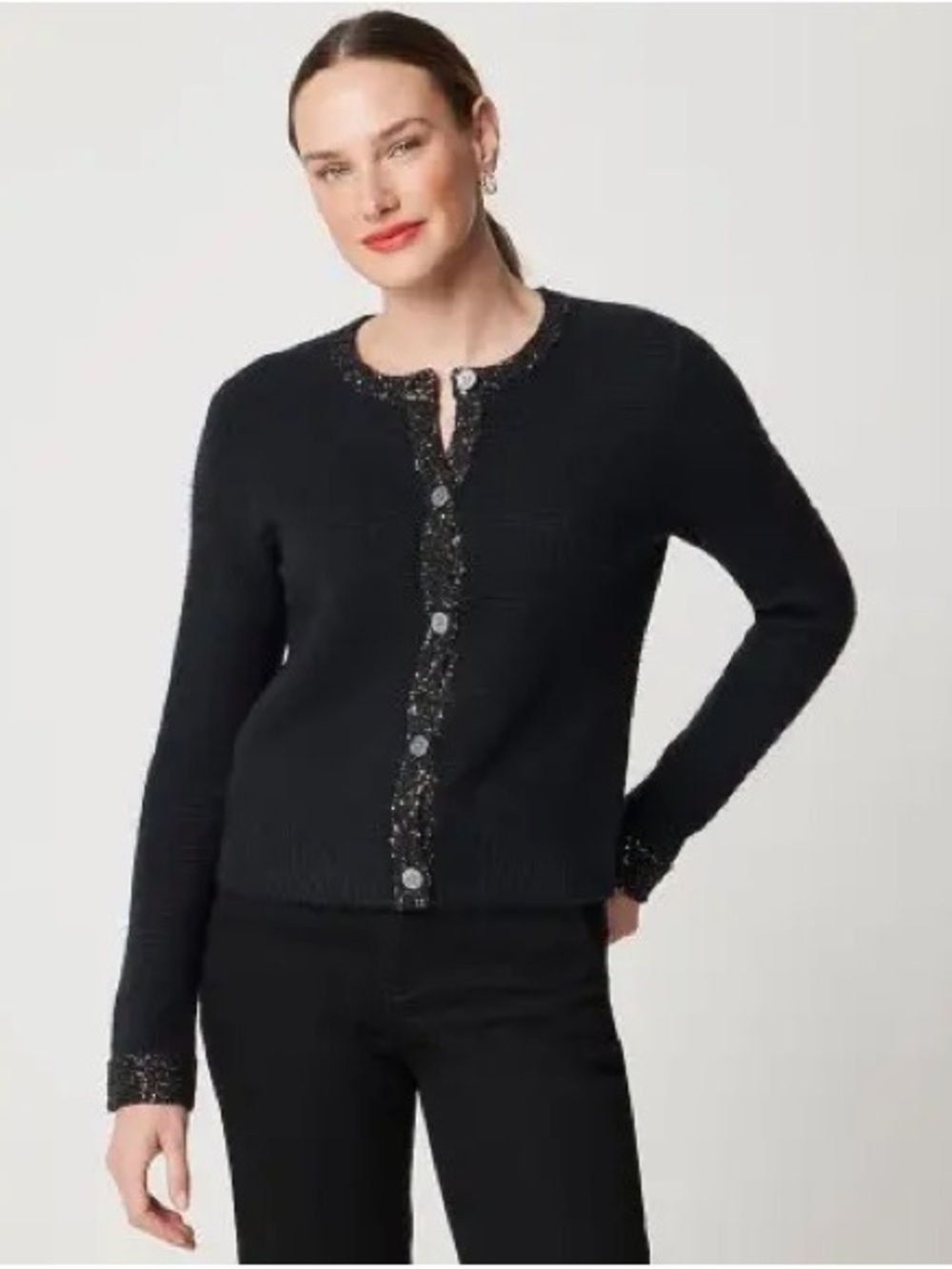 J.Crew Factory Sequin Trim Cardigan Black Soft Knit Button Front Sweater Large